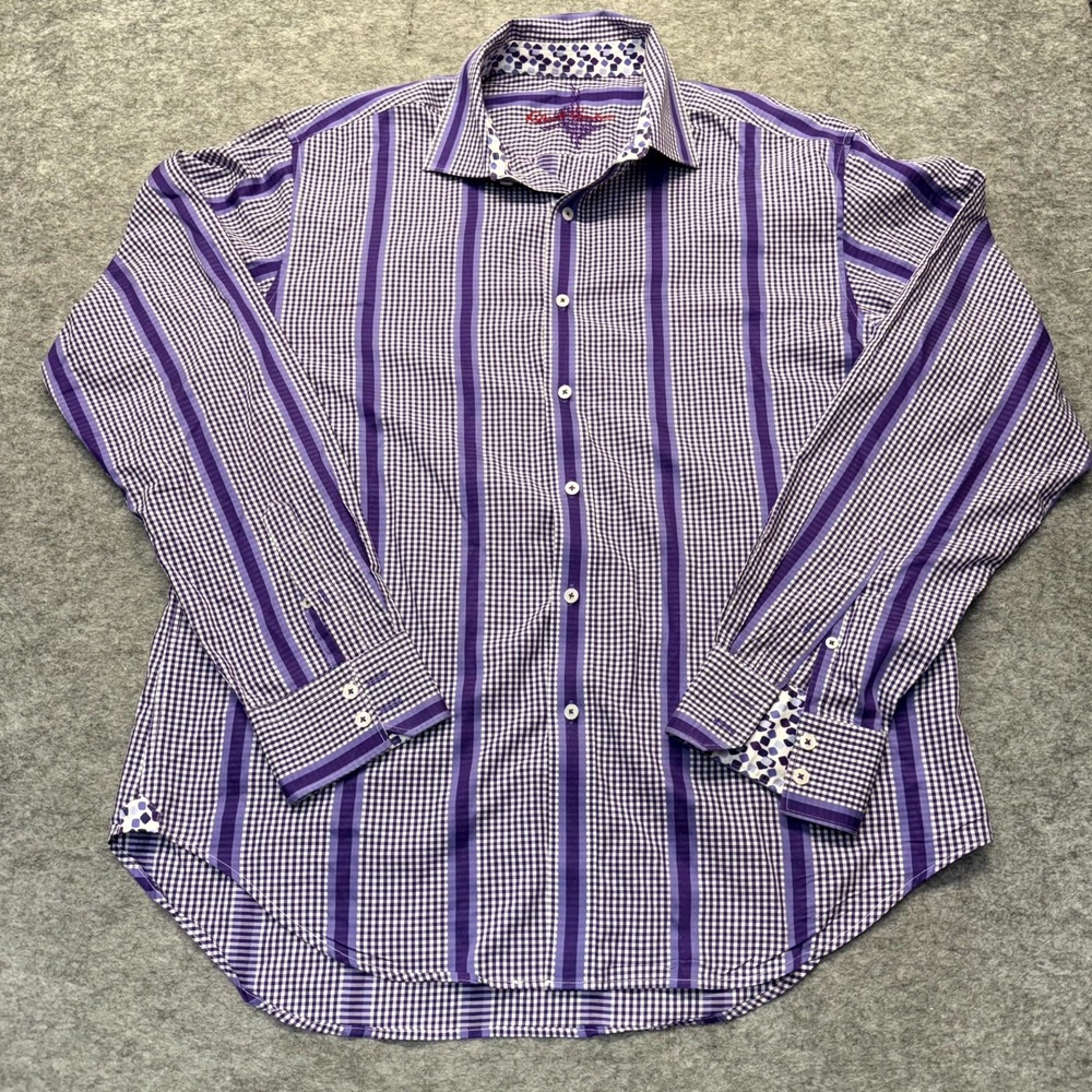 Robert Graham Button Up Shirt Men's Size XL Purple Black Striped Regular Fit